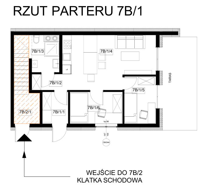 rzut parteru 7B/1 dla mieszkania 7B/2